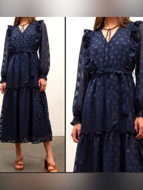 Moon River Navy Ruffle Maxi Dress size large